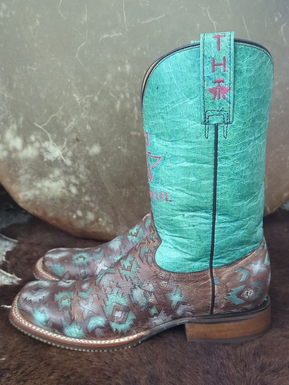 TIN HAUL "Painted Warrior" teal green/blue & brown Aztec square toe boots sz 9.5 - Picture 3 of 16